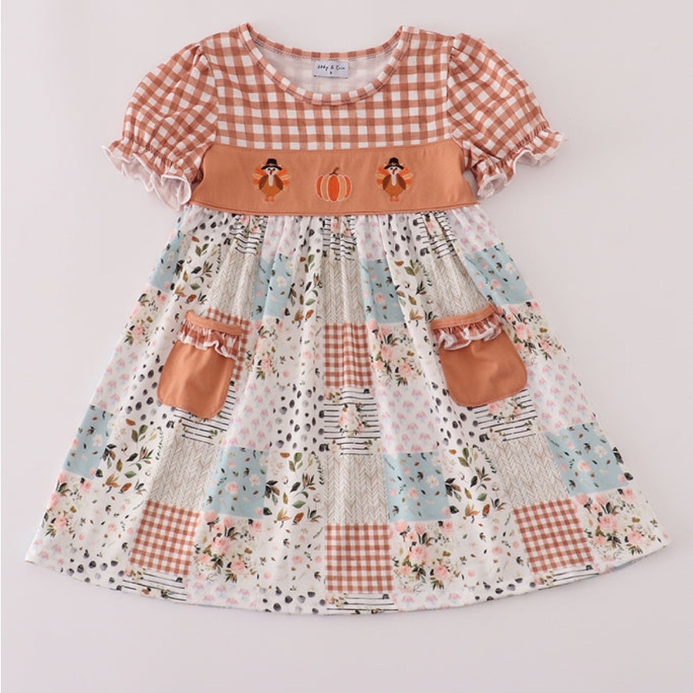 Fall Pumpkin Orange Blue Floral Patchwork Dress Girls Size 4T